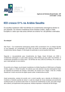 IED cresce 51% na Arábia Saudita - Agência de Notícias Brasil