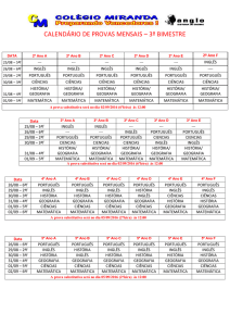 CALENDÁRIO DE PROVAS MENSAIS – 3º BIMESTRE