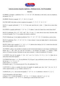 Lista de exercícios: Equações Algébricas – Problemas Gerais – Prof