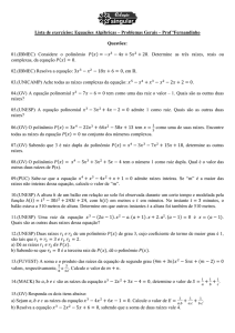 Lista de exercícios: Equações Algébricas – Problemas Gerais – Prof