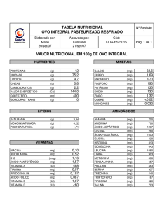 Tabela Nutricional - Ovo Integral Pasteurizado Resfriado