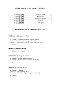 Calendário Testes 5° Ano TARDE – 3° Bimestre 4ª feira (22/08