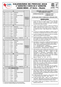 Calendario de Provas 2ª Série - 2016 - 1º sem.