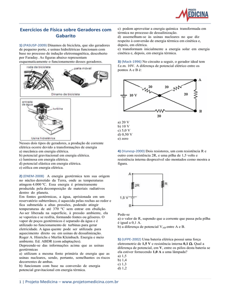 Exercícios De Física Sobre Geradores Com Gabarito