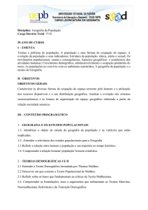 Disciplina: Geografia da População Carga Horária Total: 75 H