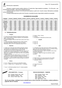 CALENDÁRIO DE AVALIAÇÕES Conteúdo para prova: