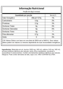 Ingredientes: Beterraba em pó, taurina (1600 mg / 400 ml), cafeína