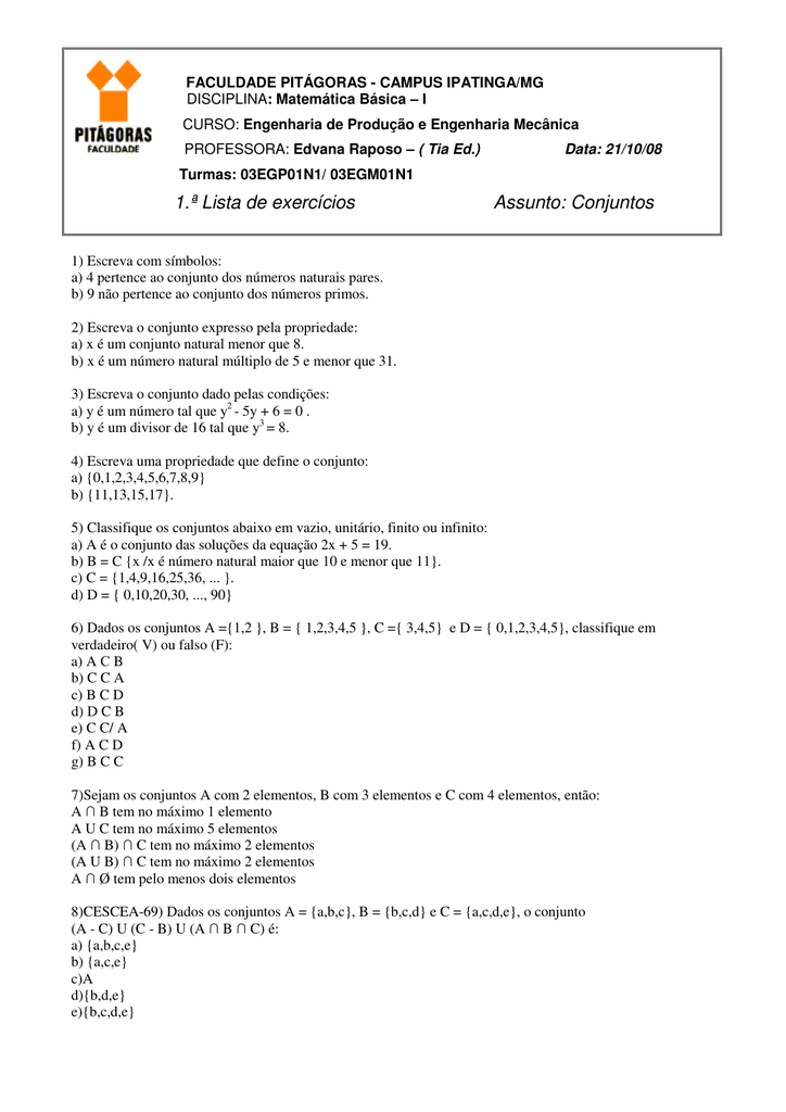 1 ª Lista De Exercicios Assunto Conjuntos