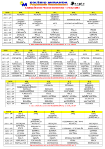 CALENDÁRIO DE PROVAS BIMESTRAIS – 4º BIMESTRE