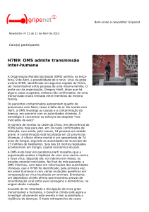 H7N9: OMS admite transmissão inter-humana
