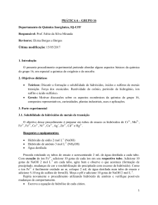 PRÁTICA 6 – GRUPO 16 Departamento de Química Inorgânica, IQ