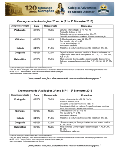 Cronograma de Avaliações 2º ano A (P1 – 2º Bimestre 2016