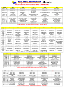 CALENDÁRIO DE PROVAS BIMESTRAIS – 3º BIMESTRE